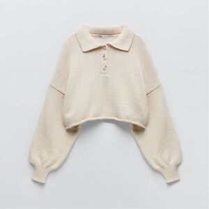 ZARA Cream Cropped Knit Polo Sweater – Size Large